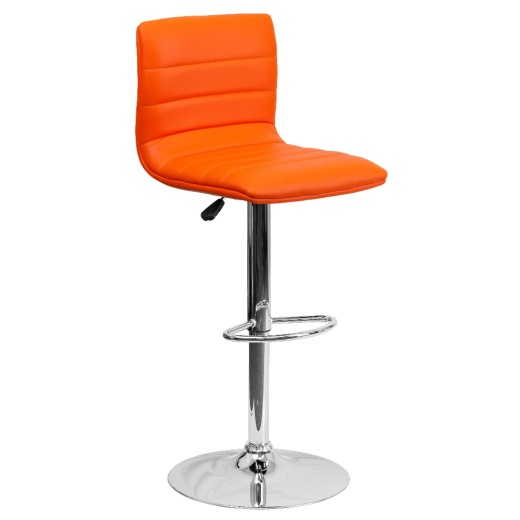 Vincent Modern Orange Vinyl Adjustable Bar Stool With Back, Swivel Stool With Chrome Pedestal Base And Footrest