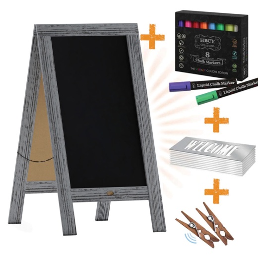 Canterbury 40" X 20" Graywashed Wooden Indoor/Outdoor Aframe Magnetic Chalkboard Sign Set With 8 Chalk Markers, 10 Stencils, 2 Magnets, And Eraser