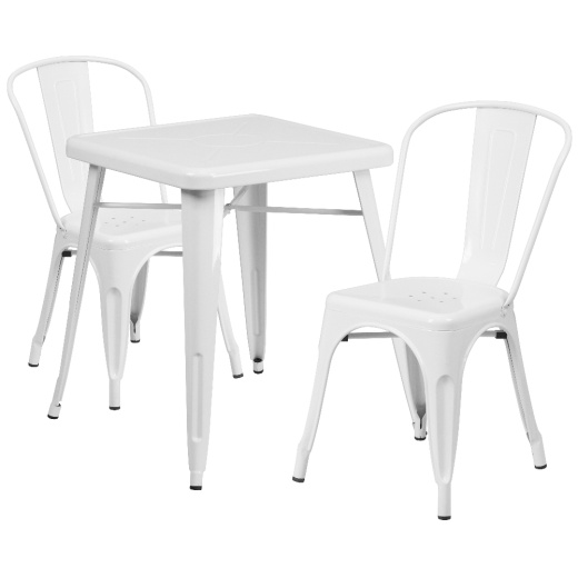 Owen Commercial Grade 23.75" Square White Metal Indooroutdoor Table Set With 2 Stack Chairs