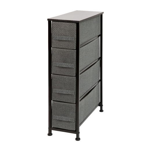 Harris 4 Drawer Slim Wood Top Black Cast Iron Frame Dresser Storage Tower With Dark Gray Easy Pull Fabric Drawers