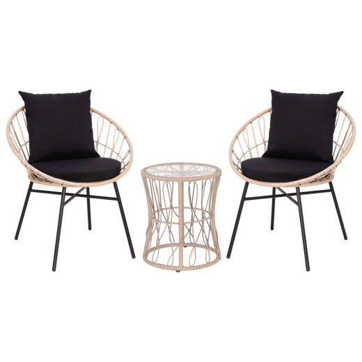 Devon 3Piece Tan Indoor/Outdoor Bistro Set, Papasan Style Rattan Rope Chairs, Glass Top Side Table & Black Cushions