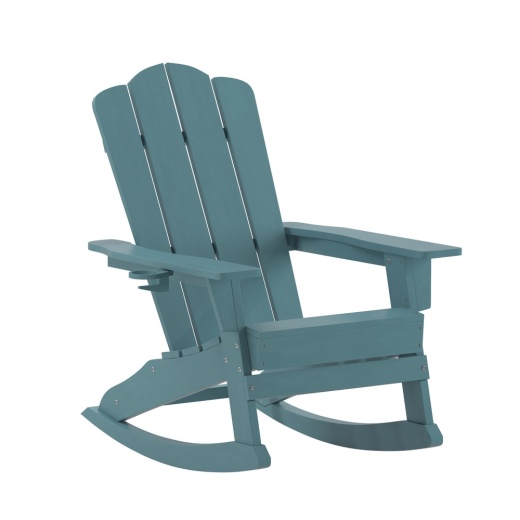 Port Adirondack Rocking Chair With Cup Holder, Weather Resistant Hdpe Adirondack Rocking Chair In Blue