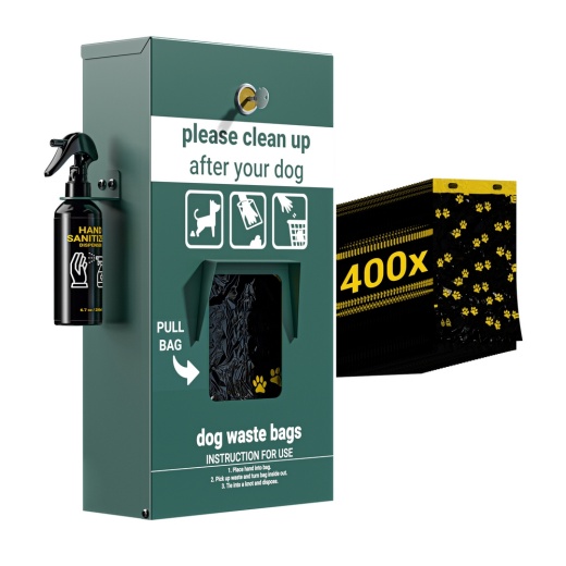 Kessler Locking Dog Waste Bag Dispenser With Glow In The Dark Sign, Hand Sanitizer Bottle And Rain Guard 400 Pull Out Header Bags Included