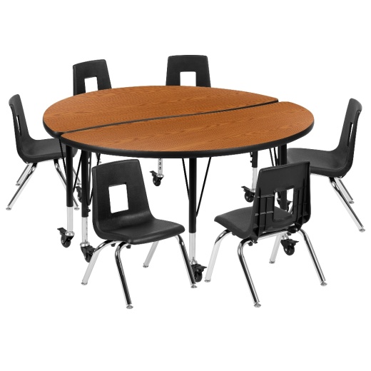 Emmy Mobile 47.5" Circle Wave Flexible Laminate Activity Table Set With 14" Student Stack Chairs, Oak/Black