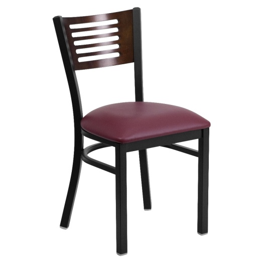 Hercules Series Black Slat Back Metal Restaurant Chair Walnut Wood Back, Burgundy Vinyl Seat