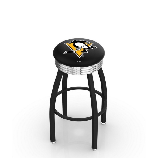 L8b3c Black Wrinkle Pittsburgh Penguins Swivel Bar Stool With Chrome 2.5" Ribbed Accent Ring By Holland Bar Stool Company