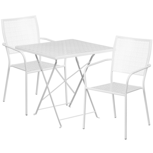 Oia Commercial Grade 28" Square White Indooroutdoor Steel Folding Patio Table Set With 2 Square Back Chairs