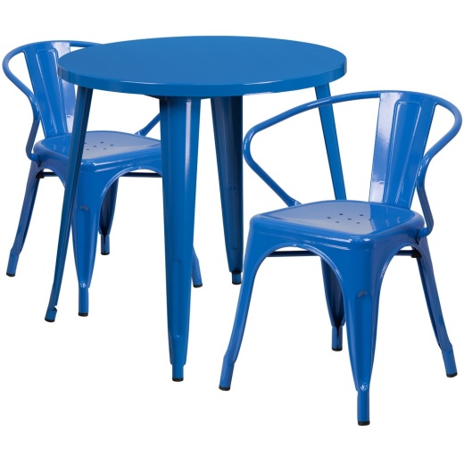 Conrad Commercial Grade 30" Round Blue Metal Indooroutdoor Table Set With 2 Arm Chairs