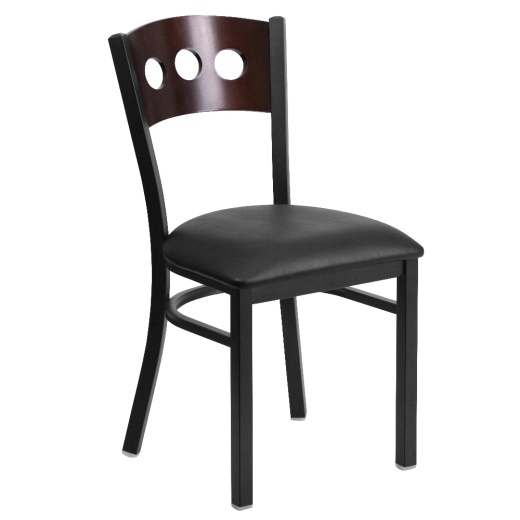 Hercules Series Black 3 Circle Back Metal Restaurant Chair Walnut Wood Back, Black Vinyl Seat