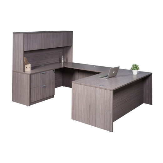 Boss Office Products 71 Inch Executive Ushape Desk With 2 Drawer Lateral File And 4 Door Hutch, Driftwood ((N101,N170,N143,N144,N112)Driftwood)
