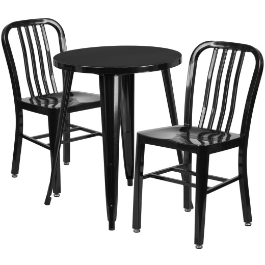 Napoleon Commercial Grade 24" Round Black Metal Indooroutdoor Table Set With 2 Vertical Slat Back Chairs