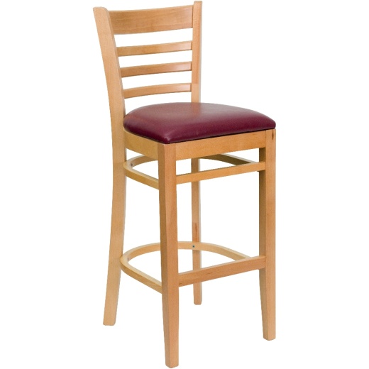 Hercules Series Ladder Back Natural Wood Restaurant Barstool Burgundy Vinyl Seat
