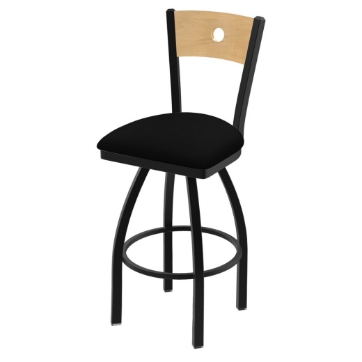 830 Voltaire Swivel Stool With Black Wrinkle Finish, Natural Back And Black Vinyl Seat