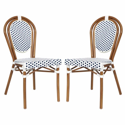 2 Pack Lourdes Indoor/Outdoor Commercial Thonet Bistro Stacking Chair, White And Navy Pe Rattan And Bamboo Print Aluminum Frame In Natural