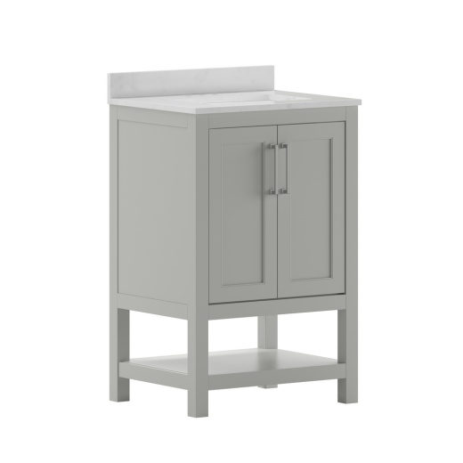 Vega 24 Inch Bathroom Vanity With Sink Combo, Storage Cabinet With Soft Close Doors And Open Shelf, Carrara Marble Finish Countertop, Gray/White