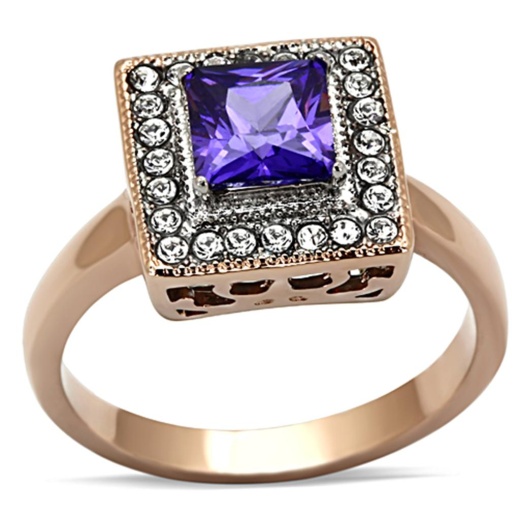 Alamode Tk1162 - Two-Tone Ip Rose Gold Stainless Steel Ring With Aaa Grade Cz In Tanzanite