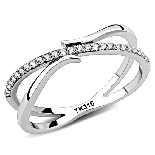 Alamode Da155 - High Polished Stainless Steel Ring with AAA Grade CZ in Clear