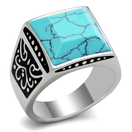 Tk304 - High Polished (No Plating) Stainless Steel Ring With Synthetic Turquoise In Sea Blue