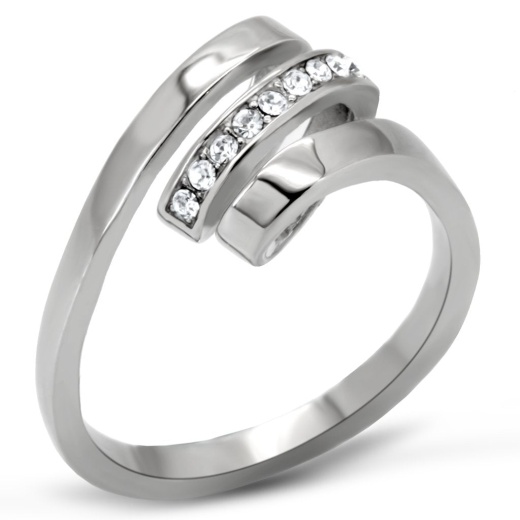 Tk161 - High Polished (No Plating) Stainless Steel Ring With Top Grade Crystal In Clear