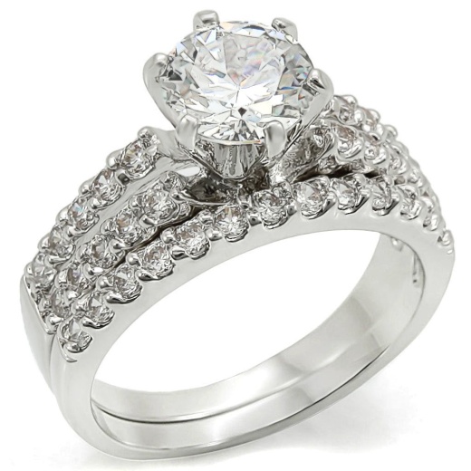 1W009 - Rhodium Brass Ring with AAA Grade CZ in Clear - 10 by Alamode