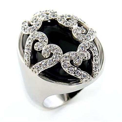 Alamode 80514 Rhodium Brass Ring with Semi-Precious Onyx in Jet