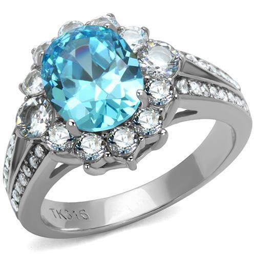 Alamode Tk2977 - High Polished Stainless Steel Ring with AAA Grade CZ in Sea Blue