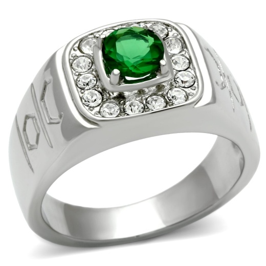 Tk496 - High Polished Stainless Steel Ring With Synthetic Emerald Glass