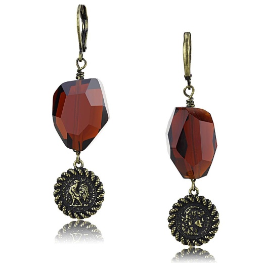 Antique Copper Brass Earrings With Synthetic Glass in Garnet
