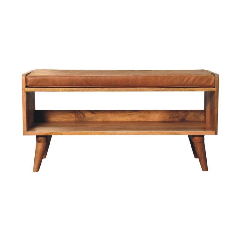 Oak-Ish Bench With Tan Leather Seatpad