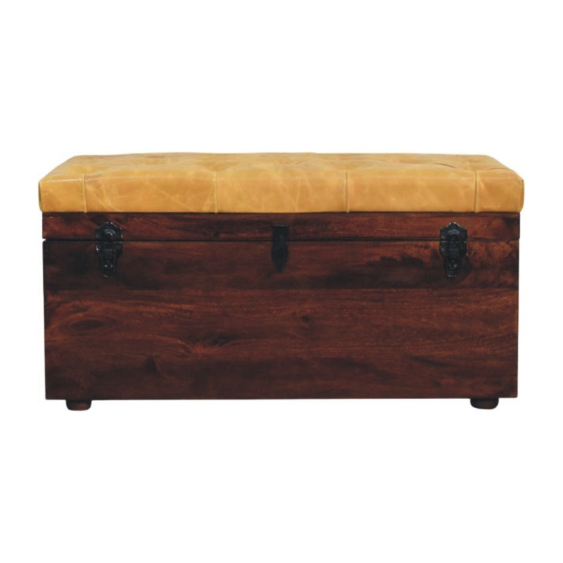 Walnut Storage Trunk Bench With Tan Leather