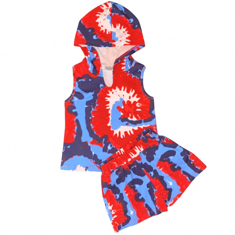 Annloren Girls Boys Red White & Blue Tie Dye Hoodie Tank And Shorts Set 4Th Of July