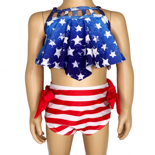 Girls 2 Pc Patriotic Red White Blue Stars Stripes Tankini Swimsuit 4Th Of  July