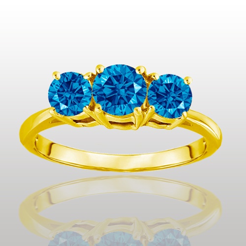 1 Carat Blue Diamond Three Stone Ring in 14K Gold
