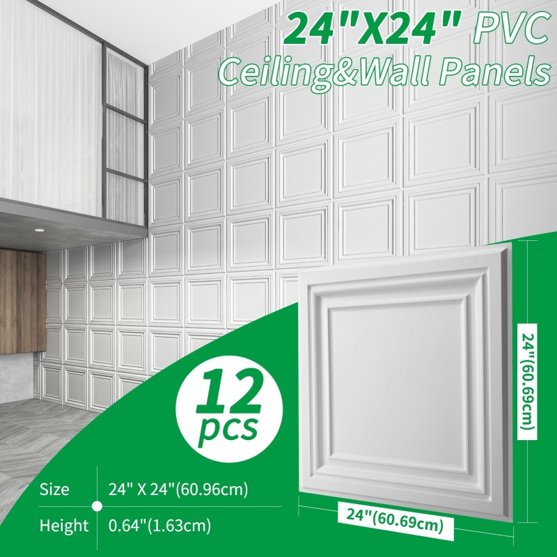 A10905 -Art3d Pvc Ceiling Tiles, 2'X2' Plastic Sheet In White (12-Pack)