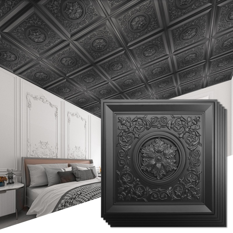 A10938bk-12-Pack 24"X24" Drop Ceiling Tiles, Waterproof Glue Up Ceiling Panels