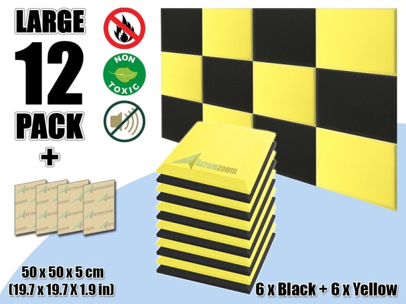 New 12 Pcs Black & Yellow Bundle Flat Bevel Tile Acoustic Panels Sound Absorption Studio Soundproof Foam