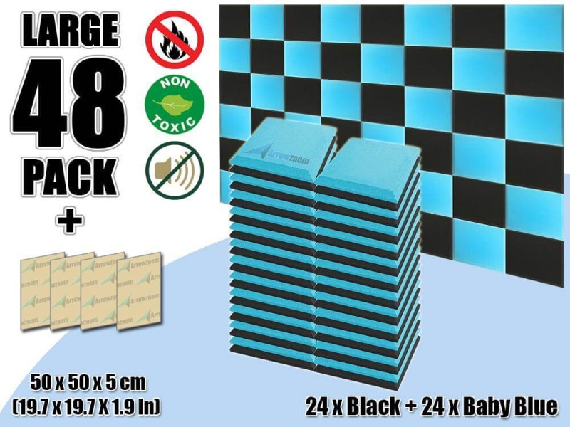 Arrowzoom Flat Bevel Tile Series Acoustic Panel - Baby Blue X Black Bundle - Kk1039 / Piece(S): 48 Piece -50 X 50 X 5 Cm / 20 X 20 X 2 In