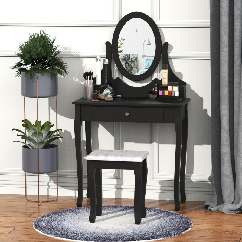 Vanity Makeup Dressing Table Set Wood Desk W/ Stool 3 Drawer