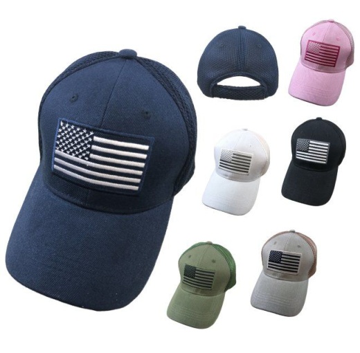 24 Pieces Solid Color Hat-Soft Jersey Mesh Back With Embroidered Flag - Baseball Caps & Snap Backs