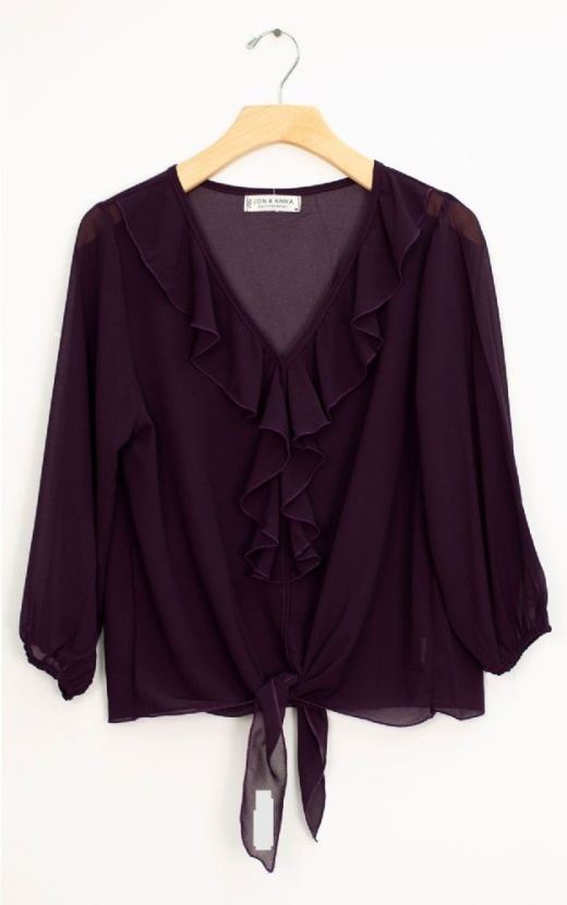 12 Pieces Ruffle Front Tie Blouse Raisin - Women's Fashion Tops