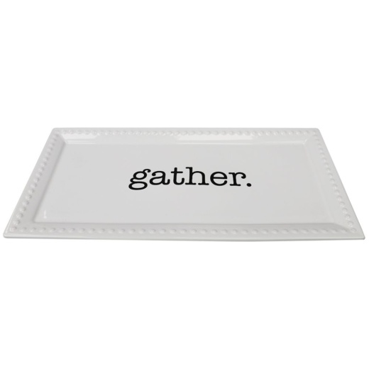 Home Basics Decorative Ceramic Serving Tray With Beaded Accents, White, Gather