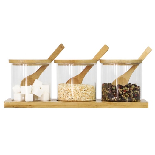 6 Pieces Home Basics 3 Piece Glass Cruet Set With Bamboo Base And Spoons - Kitchen Cutlery