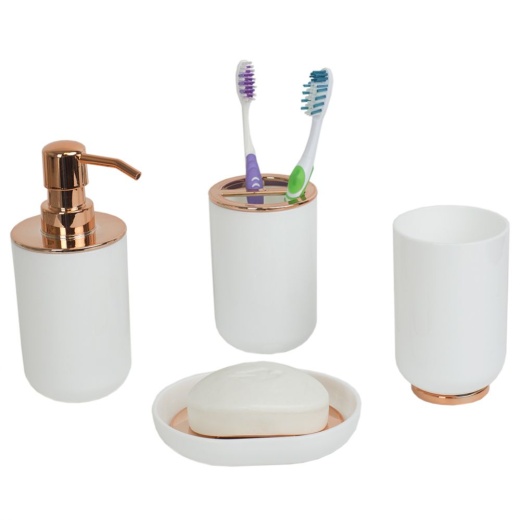 12 Pieces Home Basics Ceramic Bath Accessory Set with Rose Gold Accents, White - Shower Accessories