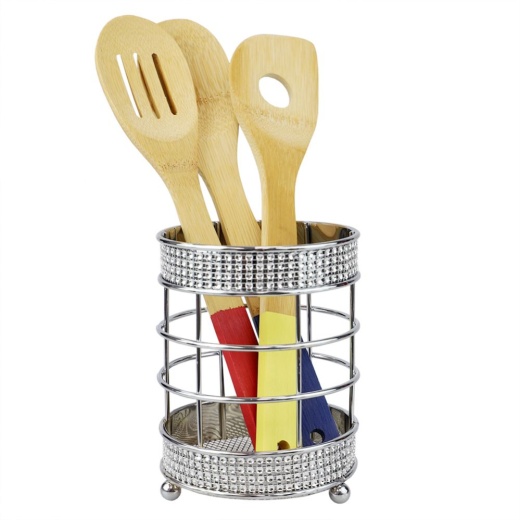 12 Pieces Home Basics Pave Steel Cutlery Holder with Mesh Bottom and Non-Skid Feet, Chrome - Kitchen Cutlery