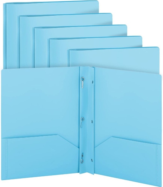 48 Pieces Plastic Solid Color 2-Pockets Poly Portfolio W/ 3 Prongs, Blue - Folders And Report Covers