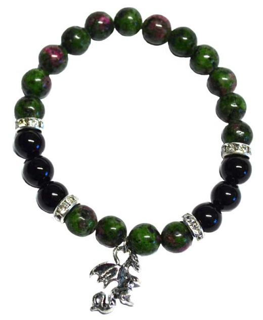 8mm Ruby Zoisite/ Black Onyx with Dragon Pewter Accent Bracelet