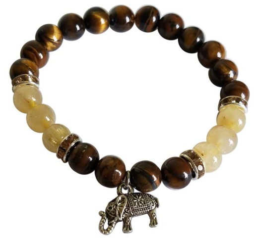 8Mm Tiger Eye/ Rutilated Quartz With Elephant