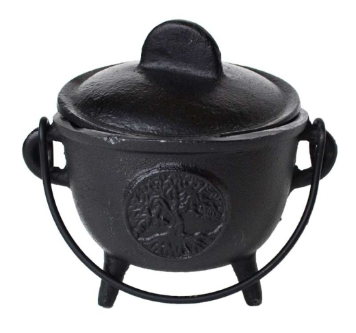 5" Cast Iron Cauldron with Lid Tree of Life