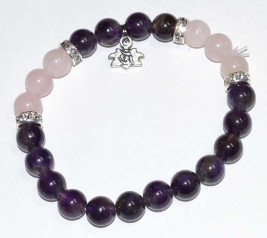 8Mm Amethyst & Rose Qtz/ Lotus Bracelet
