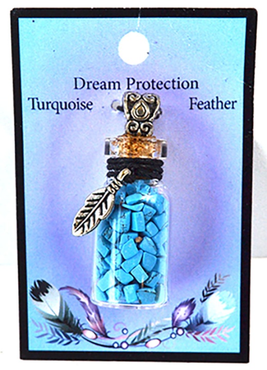 Turquoise Chips In Bottle Necklace With Feather